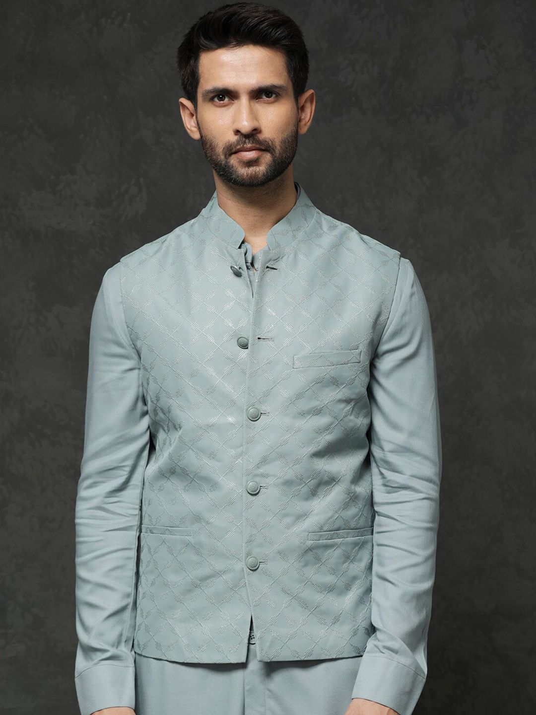 RARE RABBIT Men Green Regular Fit Embroidered Festive Bandhgala
