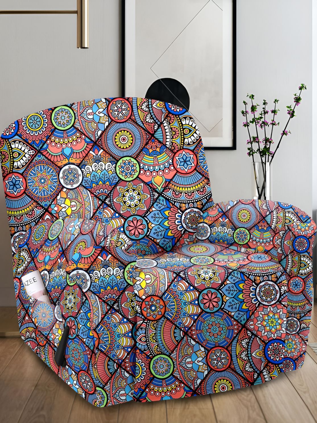 Cortina Cortina Blue Ethnic Motifs Polyester Washable Straight Single Seater Sofa Cover-29x33x37In