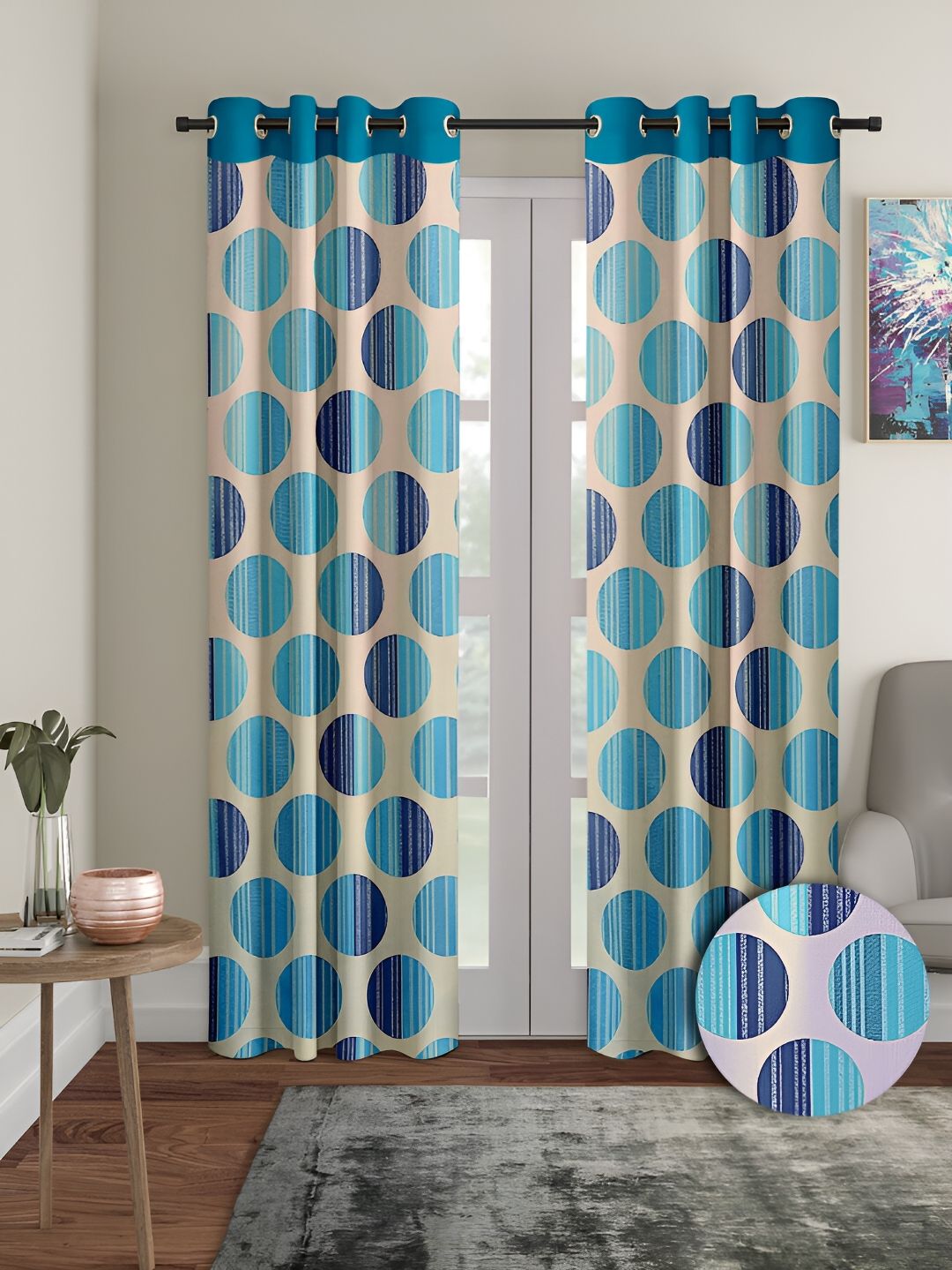 Aura Blue & Beige 2 Pieces Geometric Eyelet Long Door Curtains