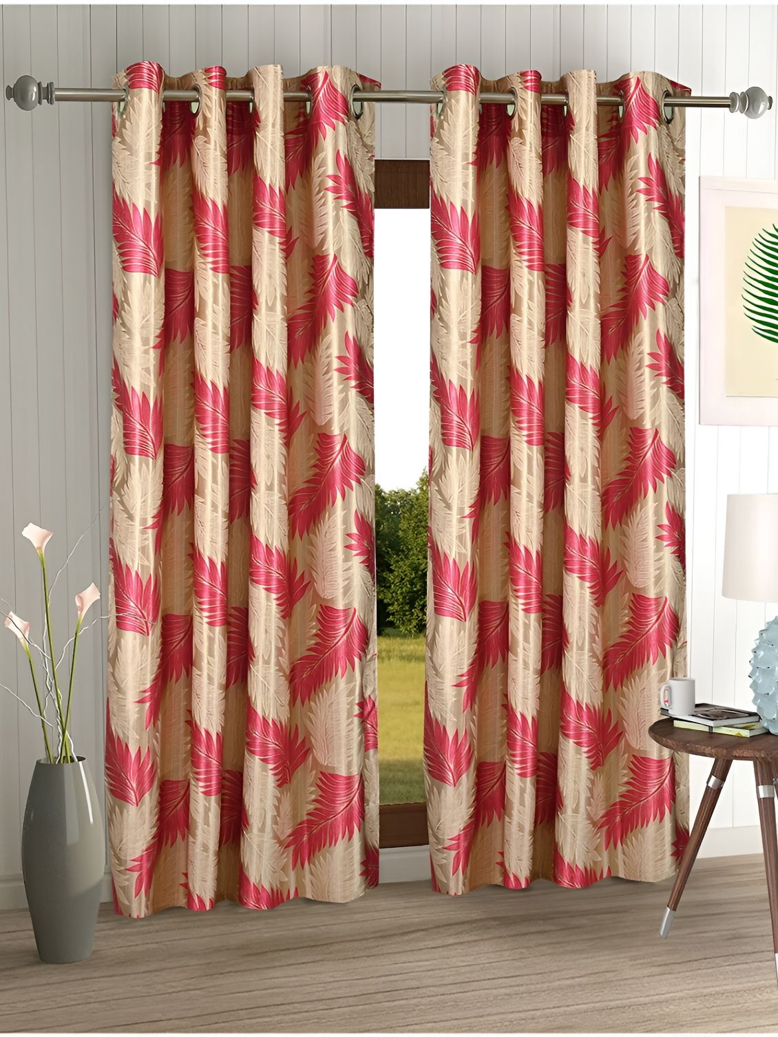 Aura Red & Beige 2 Pieces Floral Regular Long Door Curtains