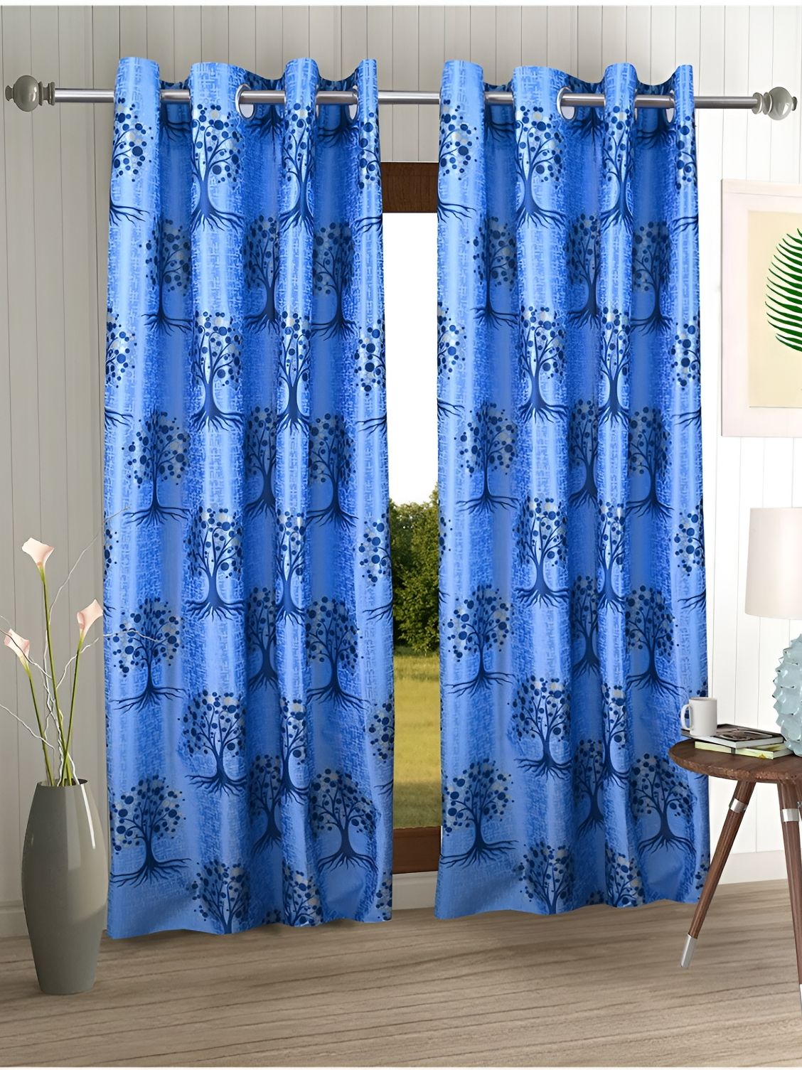 Aura Blue 2 Pieces Floral Long Door Curtains