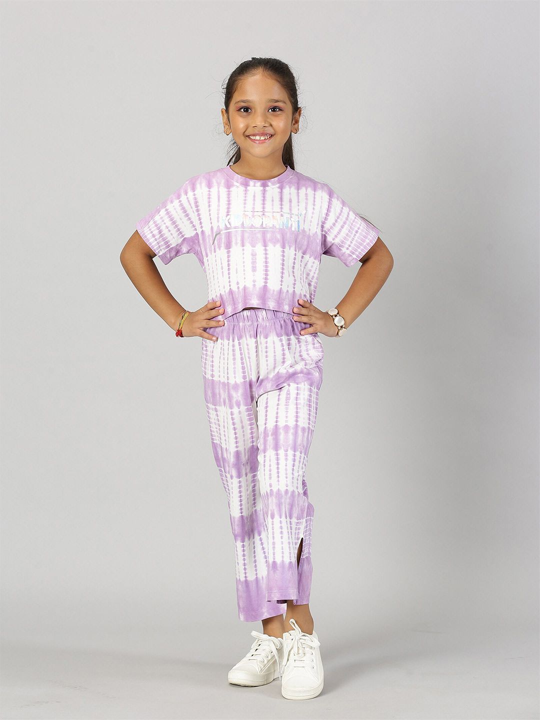 KiddoPanti Girls Dyed Pure Cotton Crop Top With Trouser