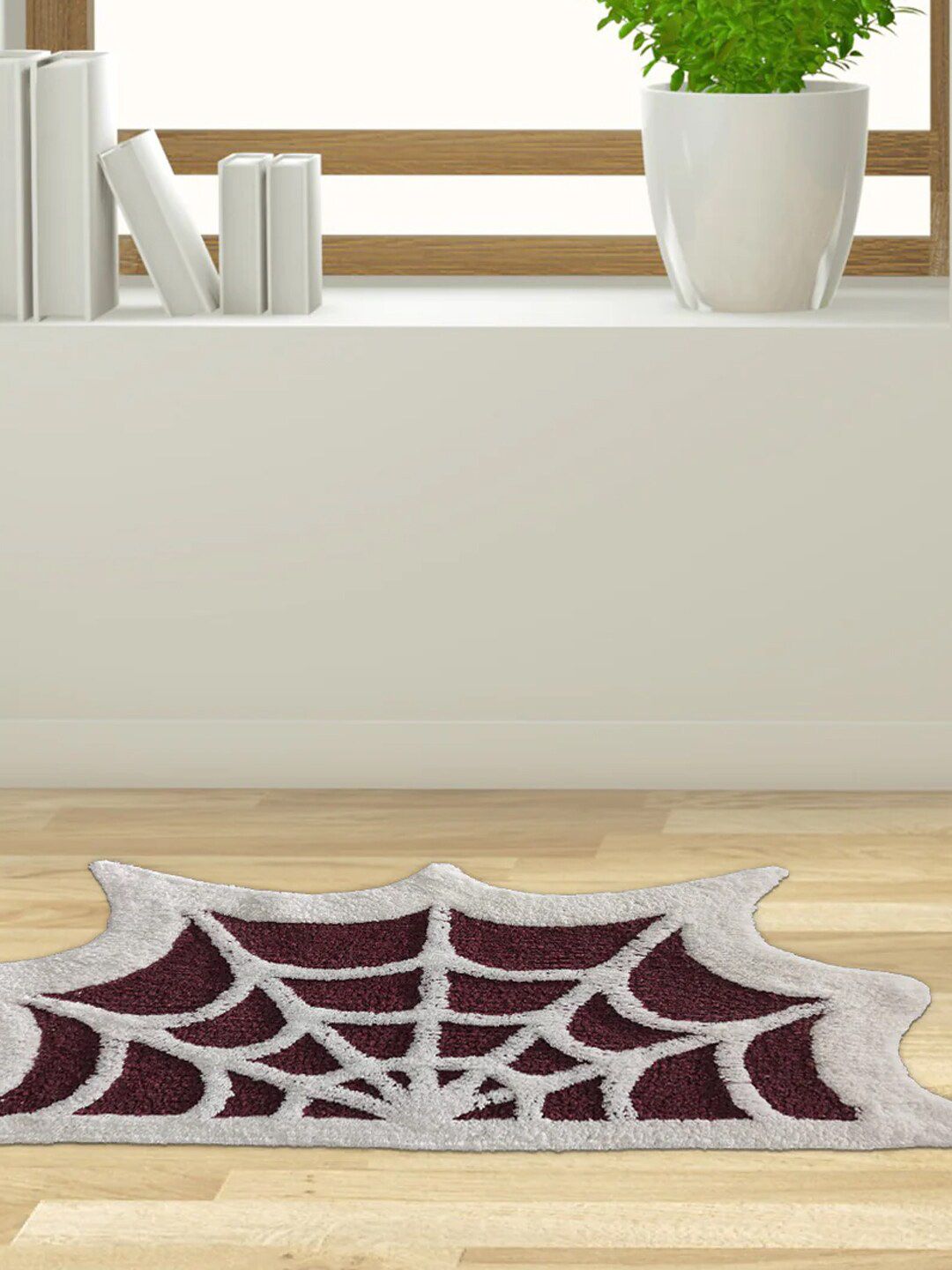 SENSES Maroon & Beige Embossed 1350 GSM Cotton Anti-skid Bath Rug