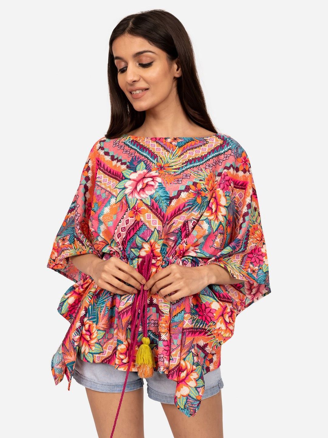INDIE JHOLA Floral Print Kimono Sleeve Cotton Styled Back Top Price in India