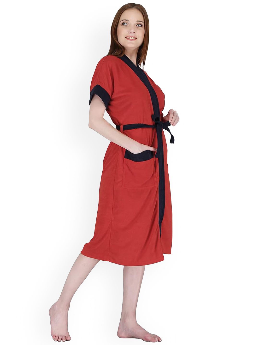 Kuber Industries Red Pure Cotton Soft & Fluffy Bath Robe