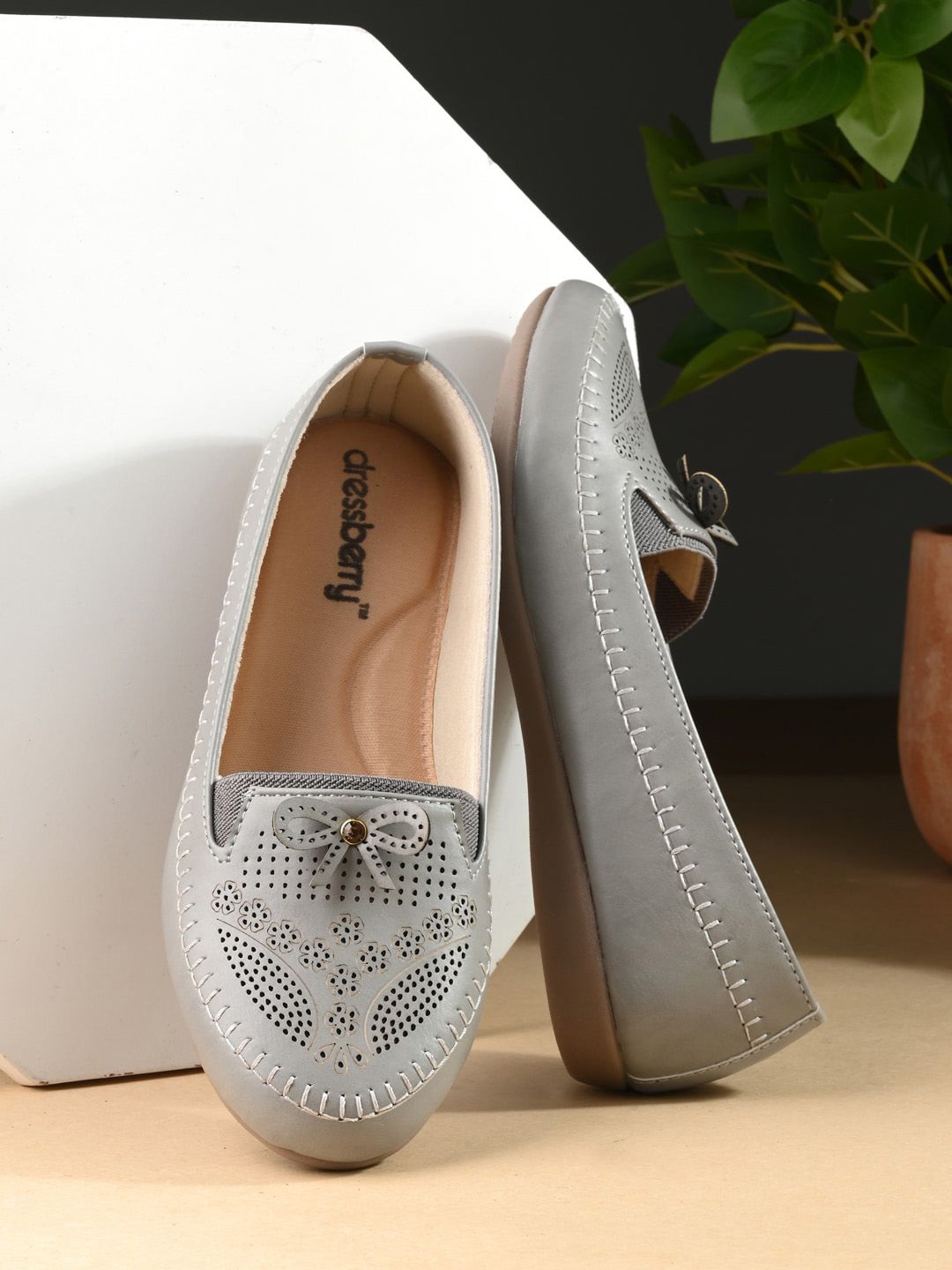 DressBerry Grey Laser Cut Embellished Ballerinas