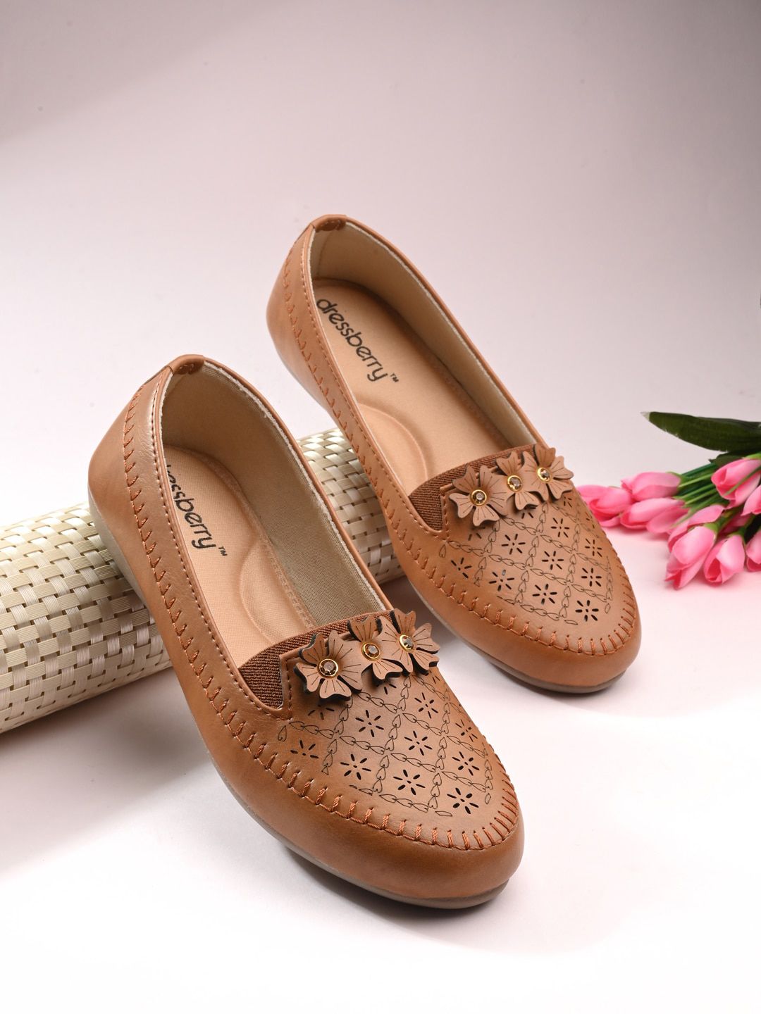 DressBerry Tan Brown Textured Laser Cuts Round Toe Ballerinas