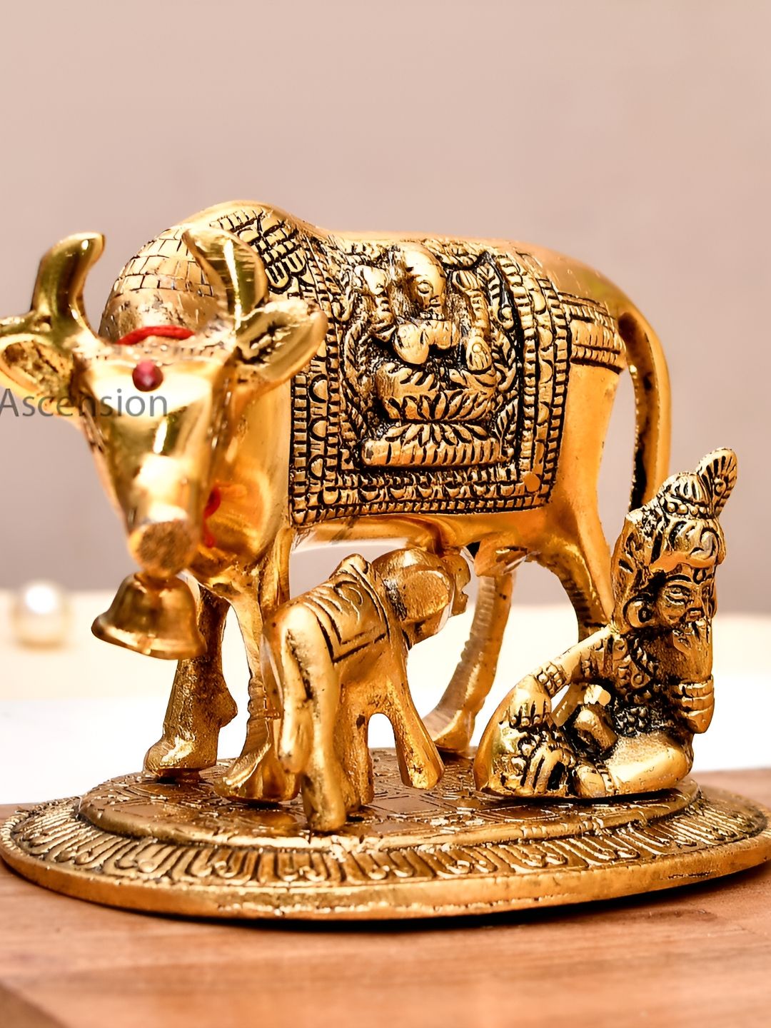 Ascension Krishna with Kamdhenu Cow Gold Metal Metallic Prayer Room Medium Showpiece - 4.1 Inches