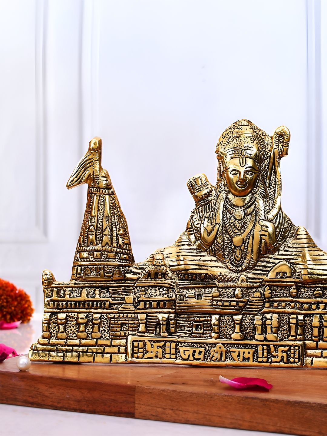 Ascension Shree Ram Janmabhoomi Shree Ram Mandir Gold Brass Metallic Prayer Room Medium Showpiece - 7.1 Inches