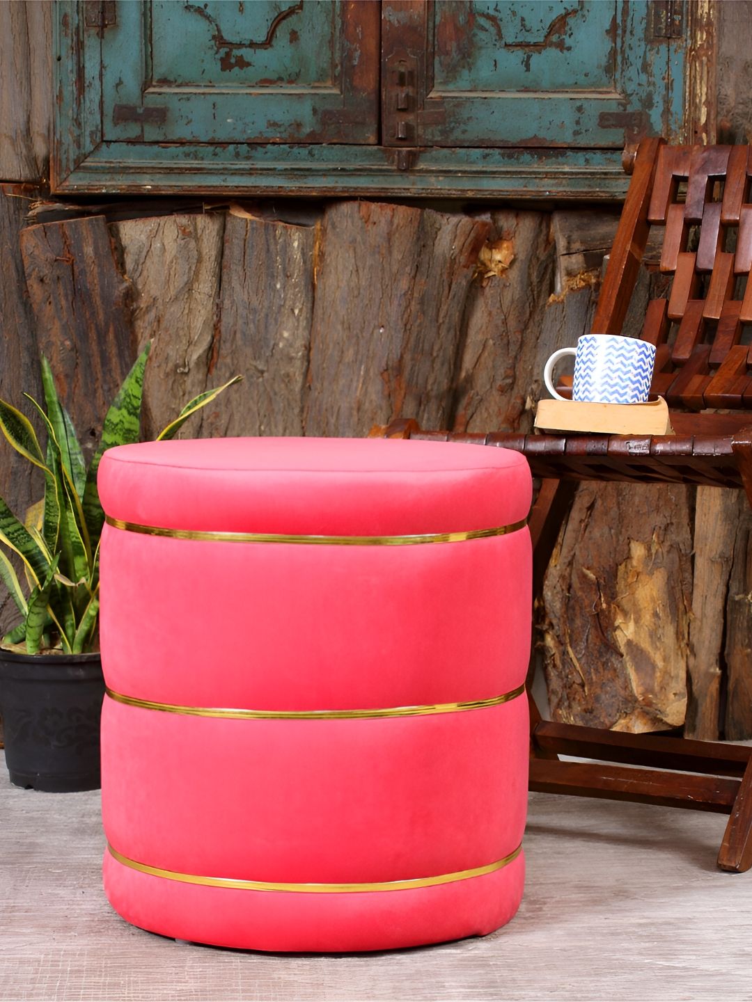 Shadowkart Peach Colored Velvet & Wooden Cylindrical Ottoman