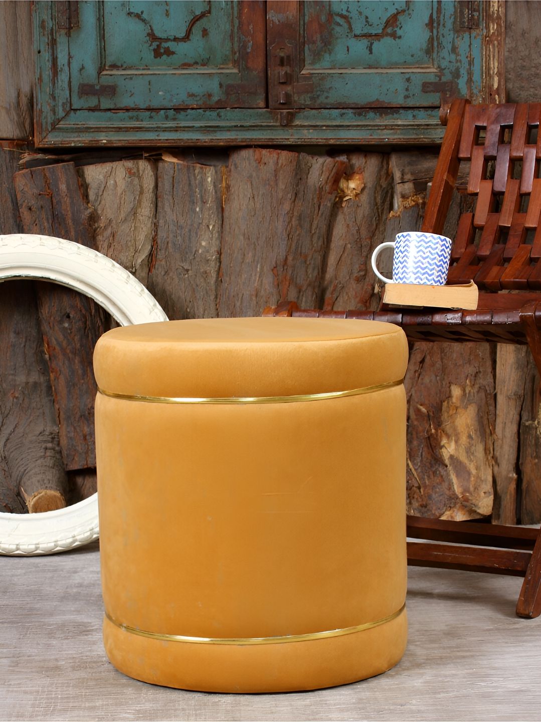 Shadowkart Beige Cylindrical Wooden Ottoman