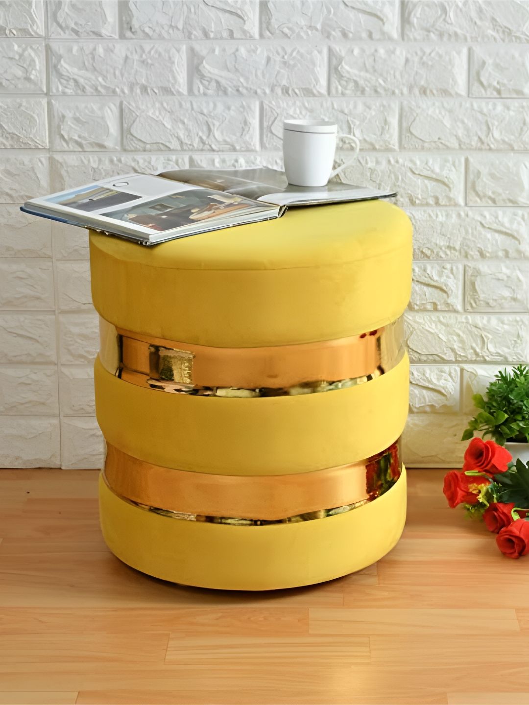 Shadowkart Yellow Velvet & Wooden Round Ottoman