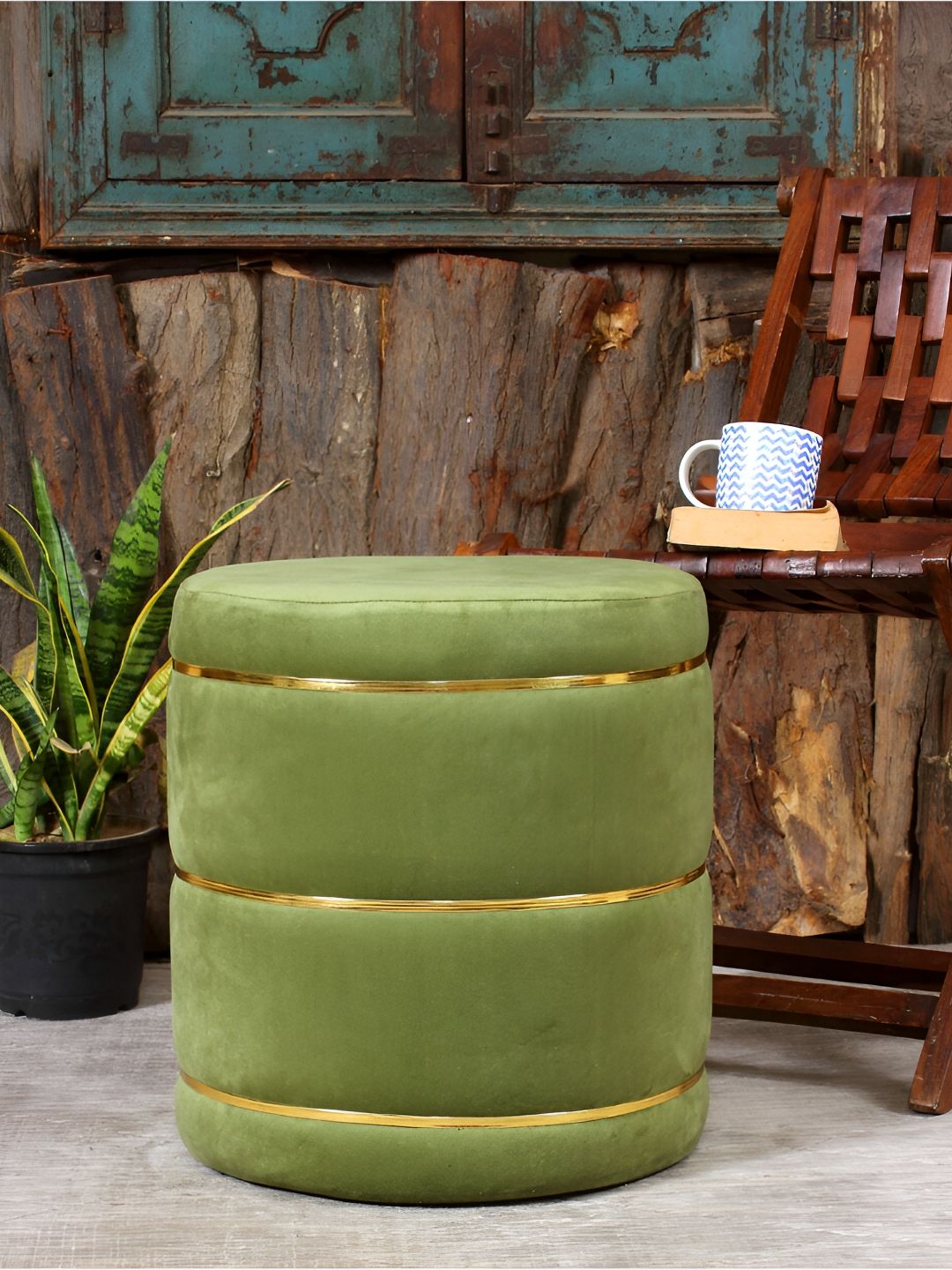 Shadowkart Green Velvet & Wooden Round Ottoman