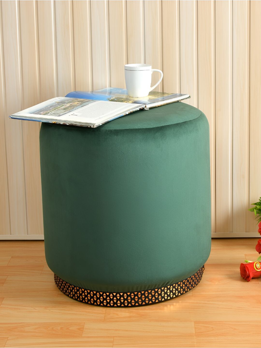 Shadowkart Green Velvet & Wooden Round Ottoman