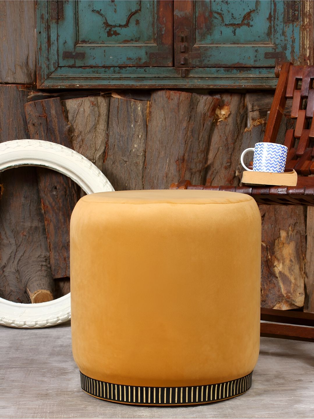 Shadowkart Beige & Black Cylindrical Wooden Ottoman
