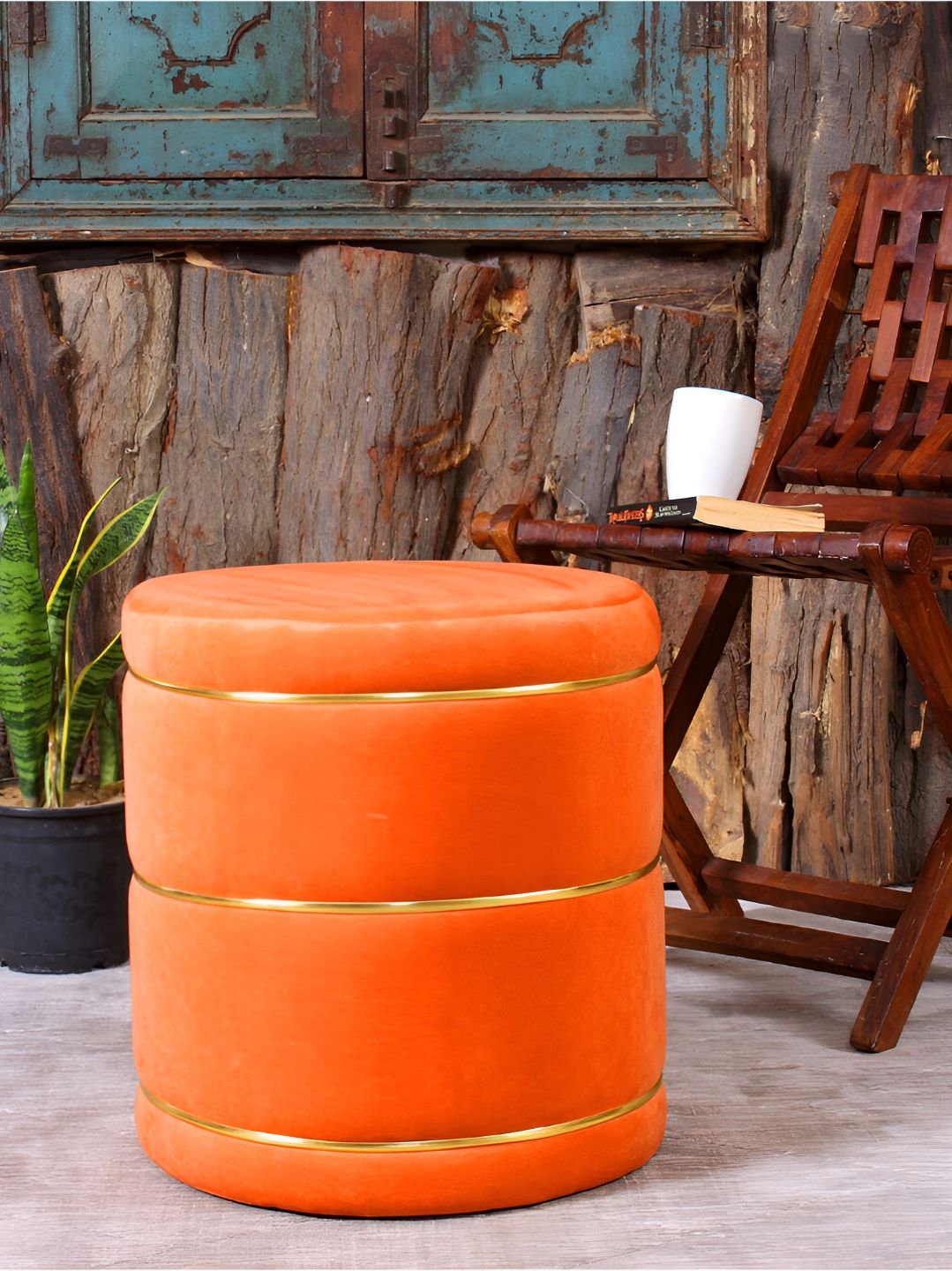 Shadowkart Orange-colored Velvet & Wooden Round Ottoman
