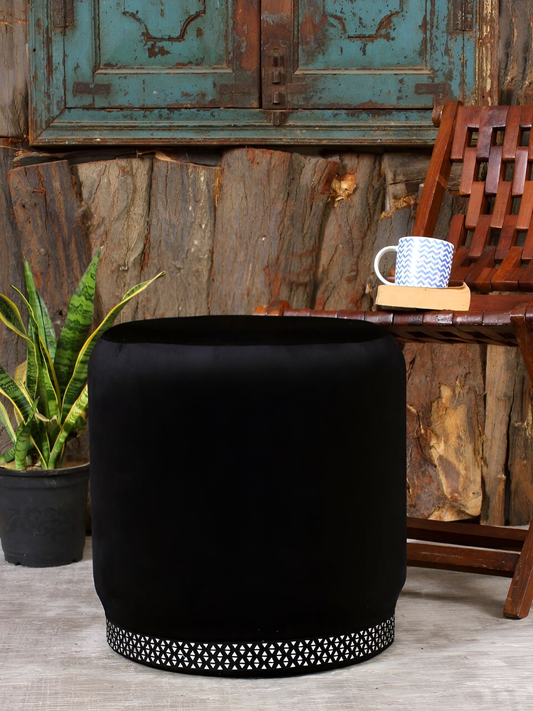 Shadowkart Black Velvet & Wooden Round Ottoman
