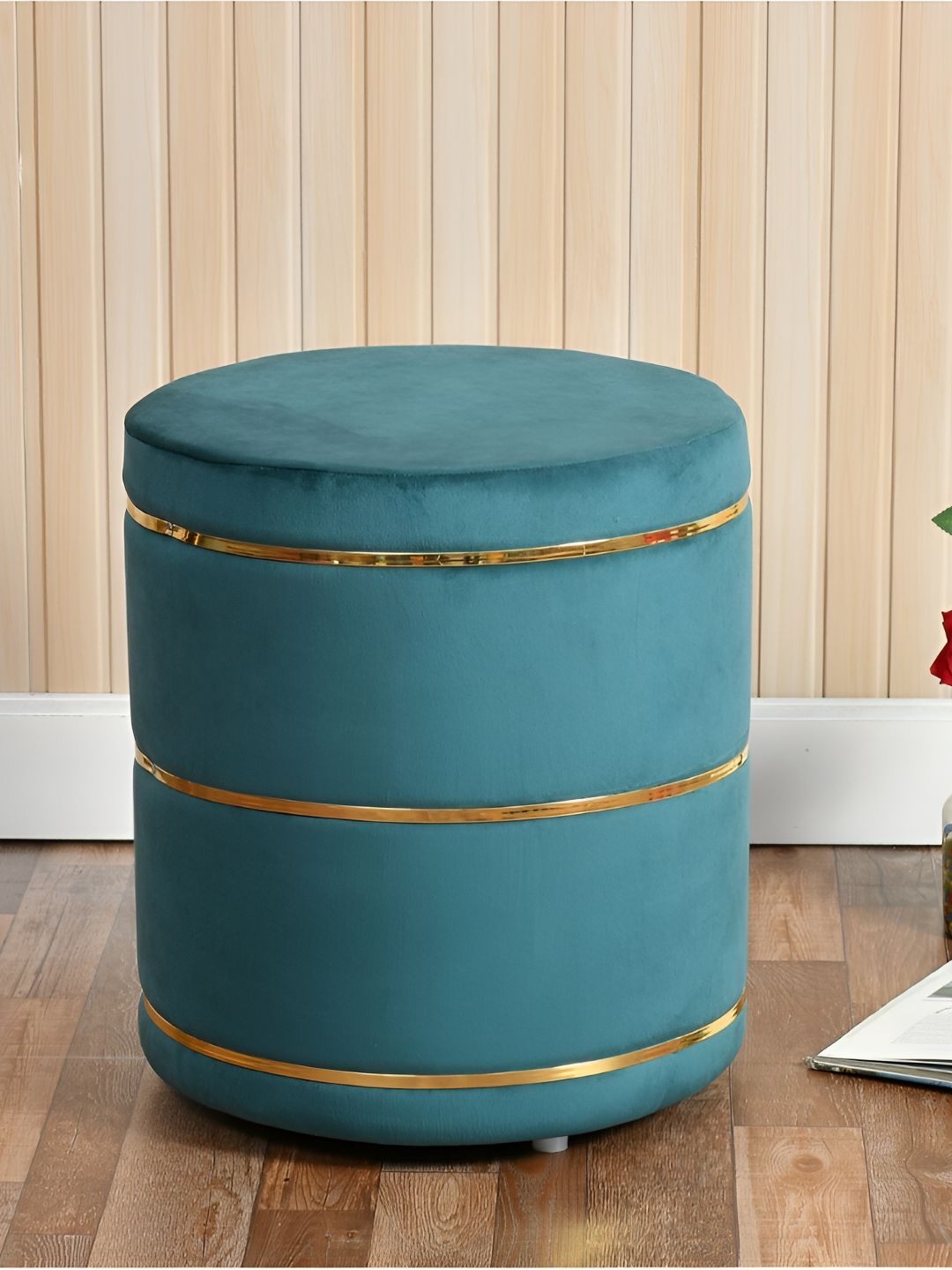 Shadowkart Sea Green Velvet & Wooden Round Ottoman