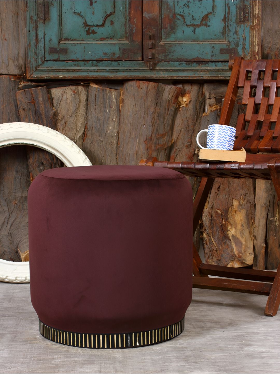 Shadowkart Coffee Brown Velvet & Wooden Round Ottoman