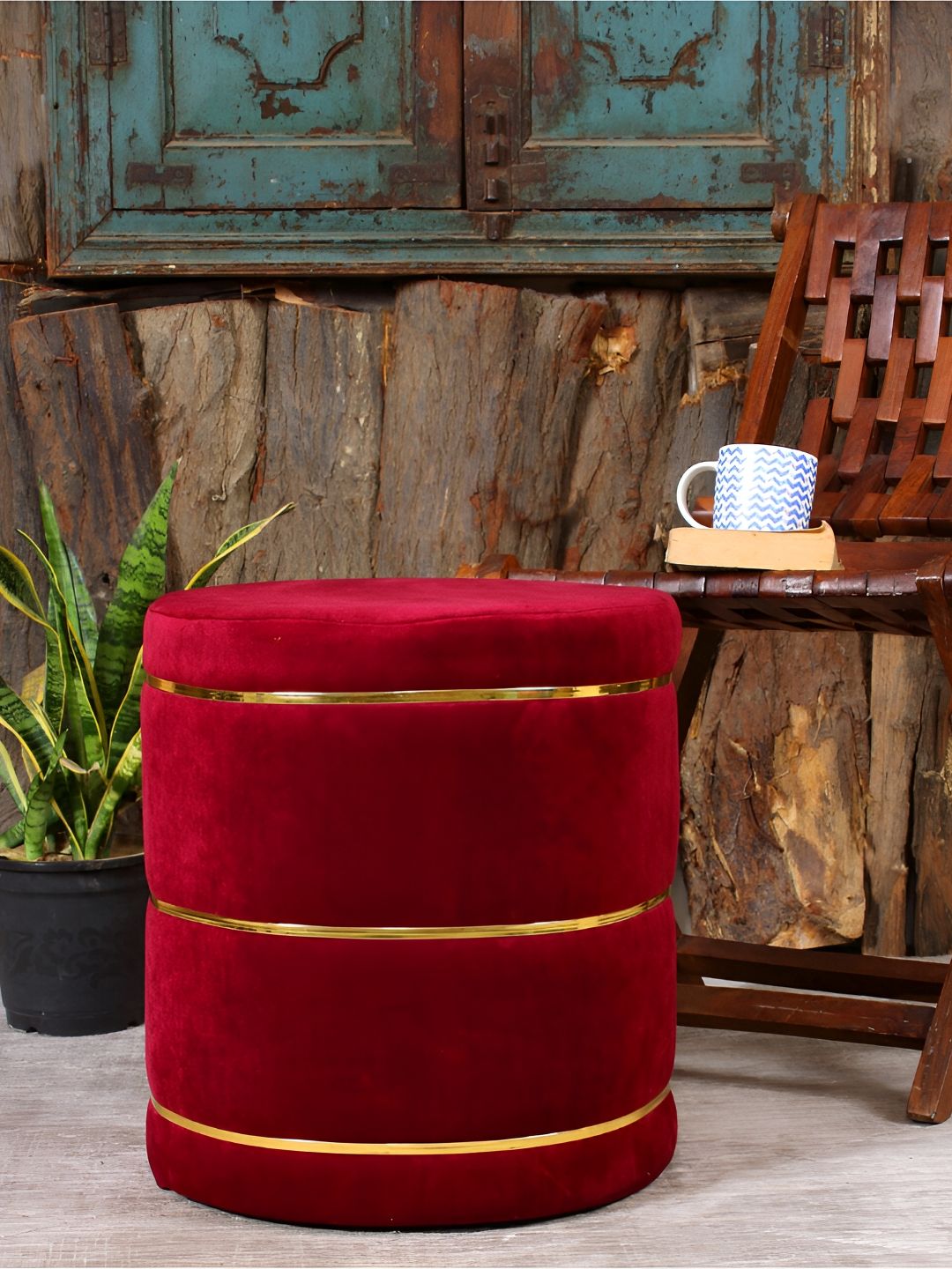 Shadowkart Maroon Velvet & Wooden Round Ottoman