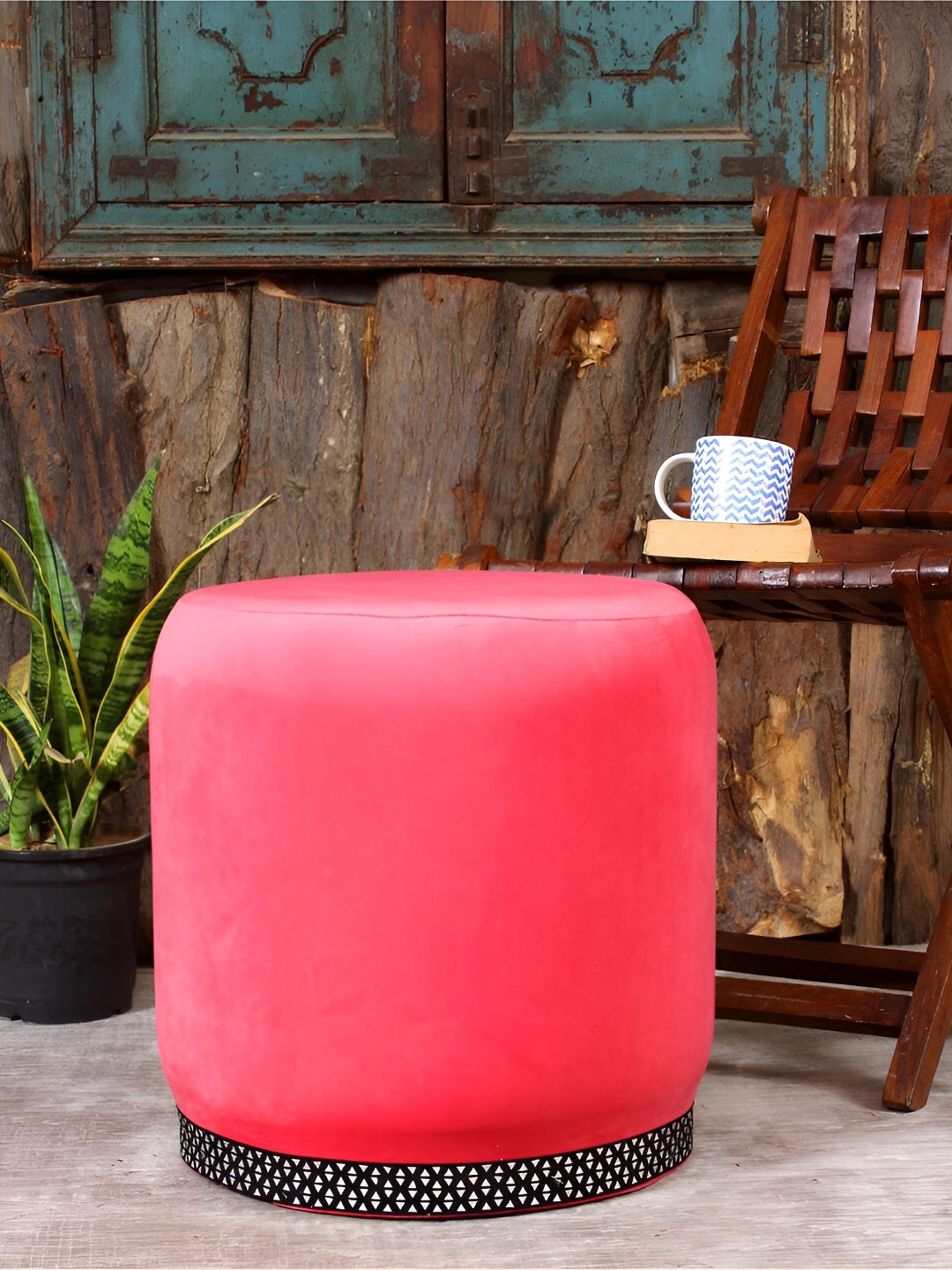 Shadowkart Pink Velvet & Wooden Round Ottoman