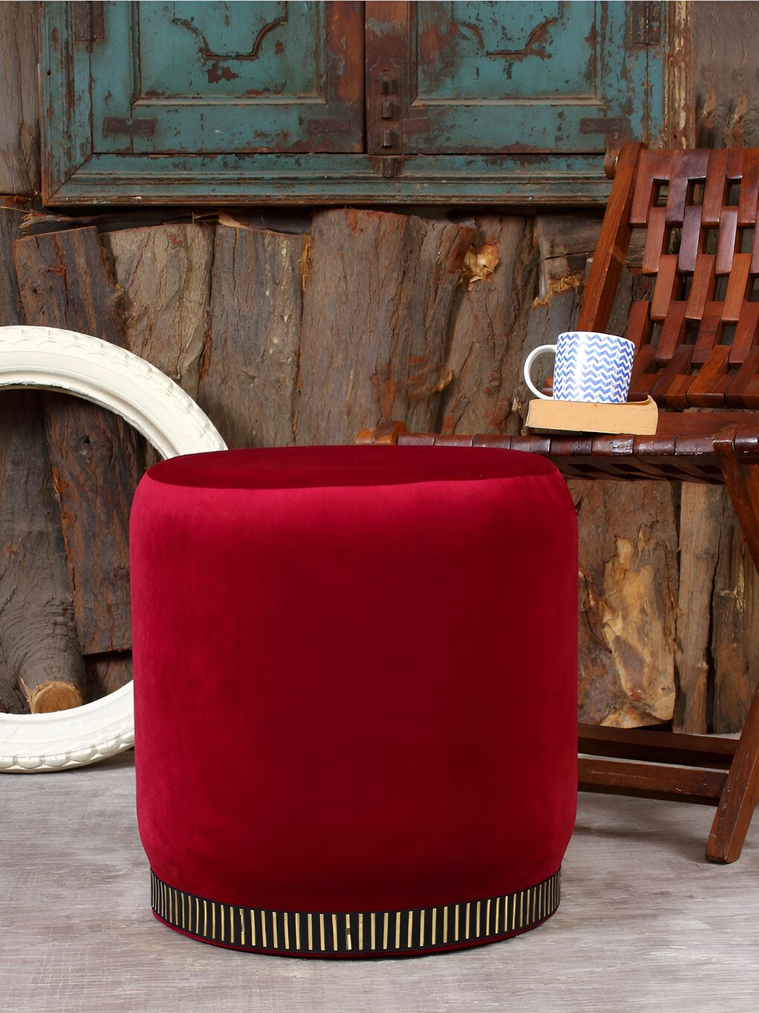 Shadowkart Maroon Velvet & Wooden Round Ottoman