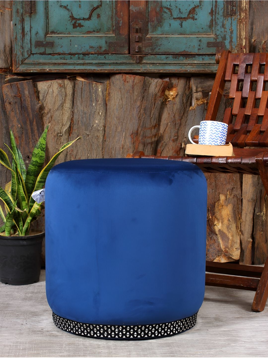 Shadowkart Blue Velvet & Wooden Round Ottoman