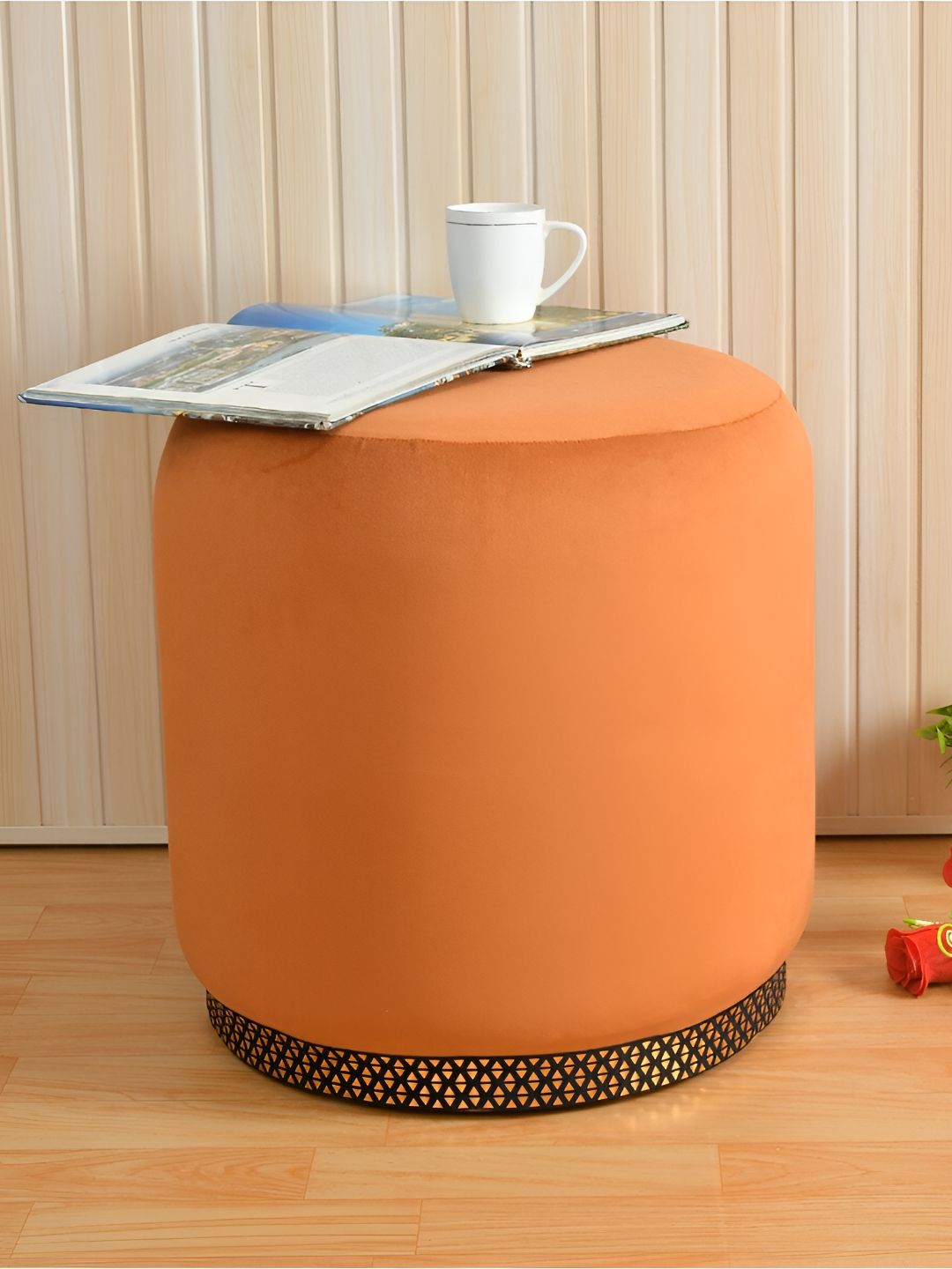 Shadowkart Orange-colored Velvet & Wooden Round Ottoman