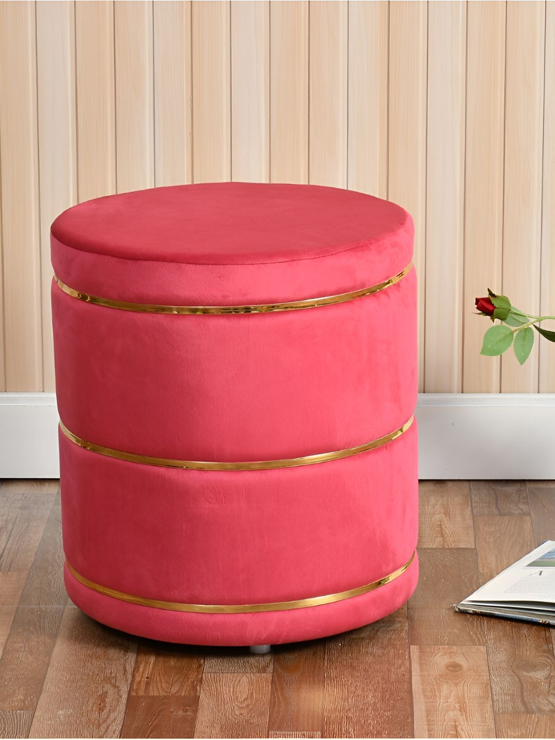 Shadowkart Pink Velvet & Wooden Round Ottoman