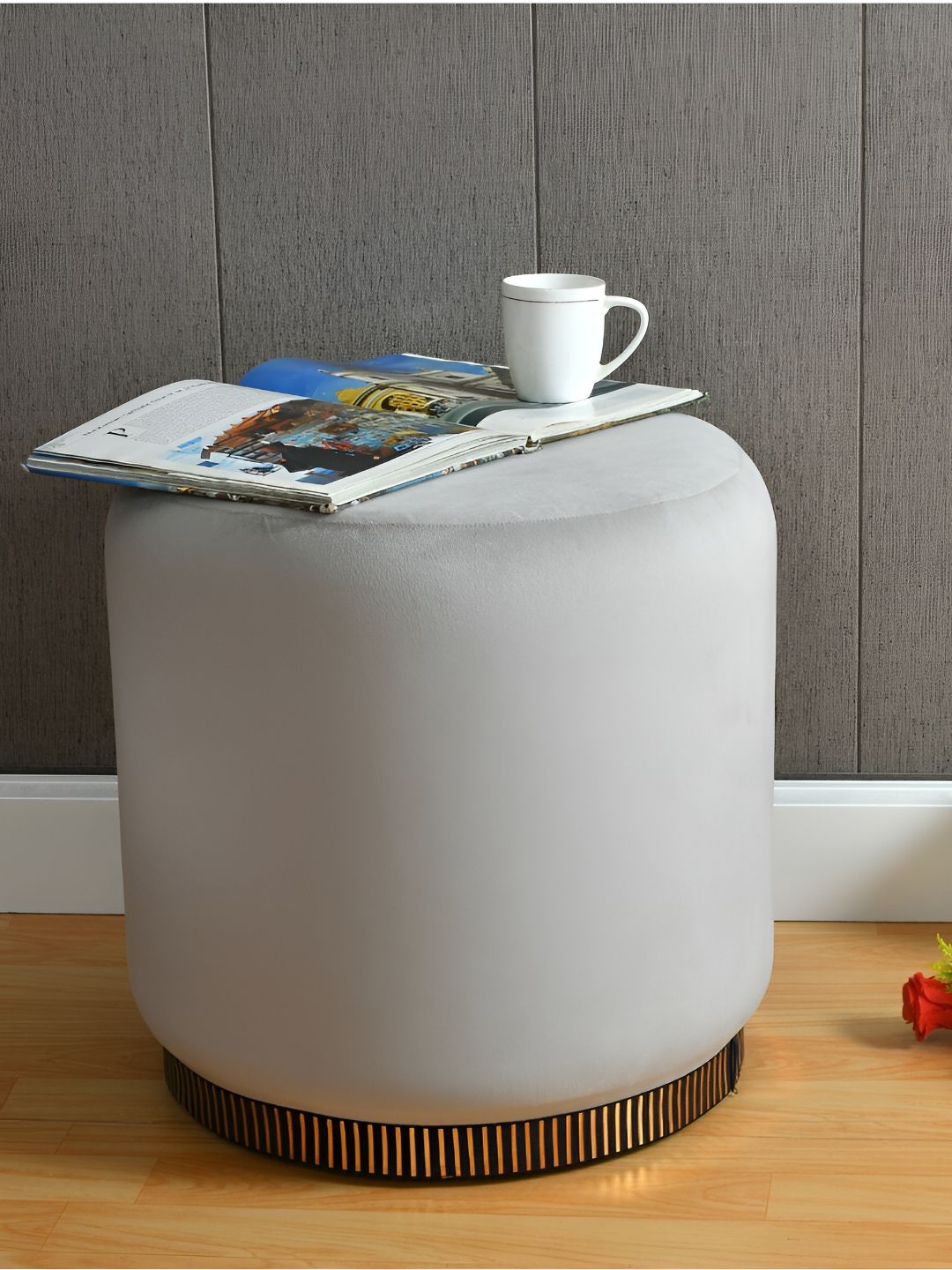 Shadowkart Grey Velvet & Wooden Round Ottoman