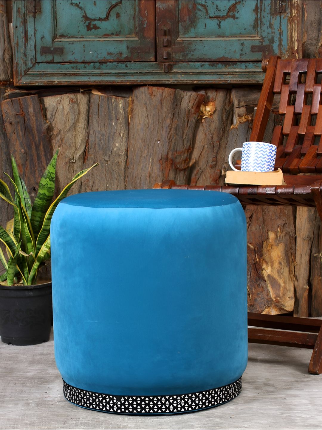 Shadowkart Blue Velvet & Wooden Round Ottoman