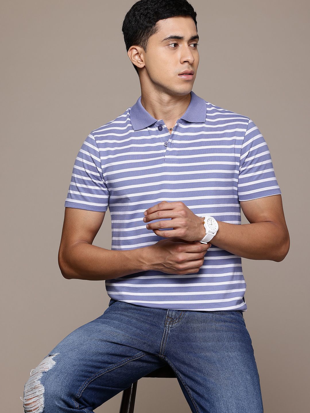 The Roadster Lifestyle Co. Men Striped Polo Collar T-shirt
