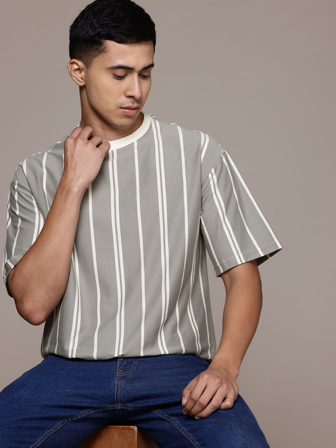 The Roadster Lifestyle Co. Striped Drop-Shoulder Sleeves Relaxed T-shirt