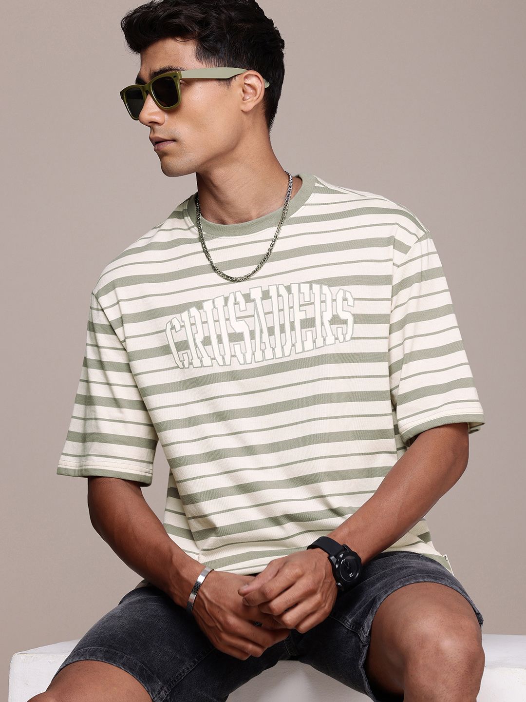 The Roadster Life Co. Relaxed Fit Striped Drop-Shoulder Sleeves T-shirt