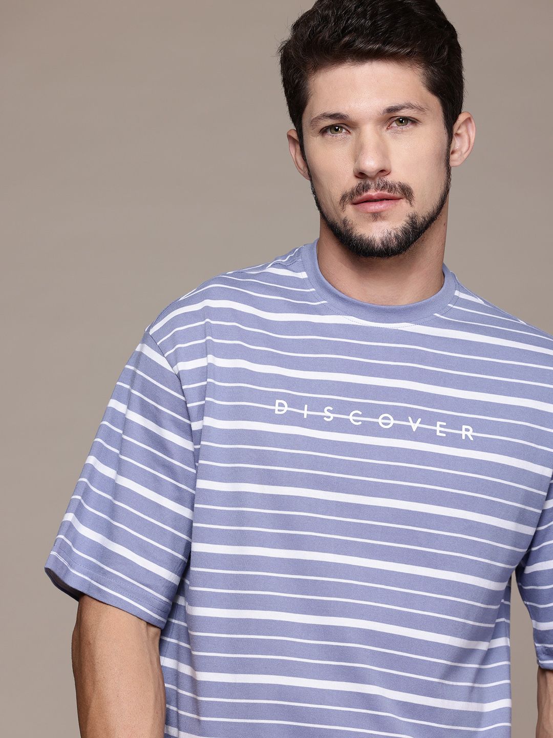 The Roadster Lifestyle Co. Striped Drop-Shoulder Sleeves Relaxed T-shirt