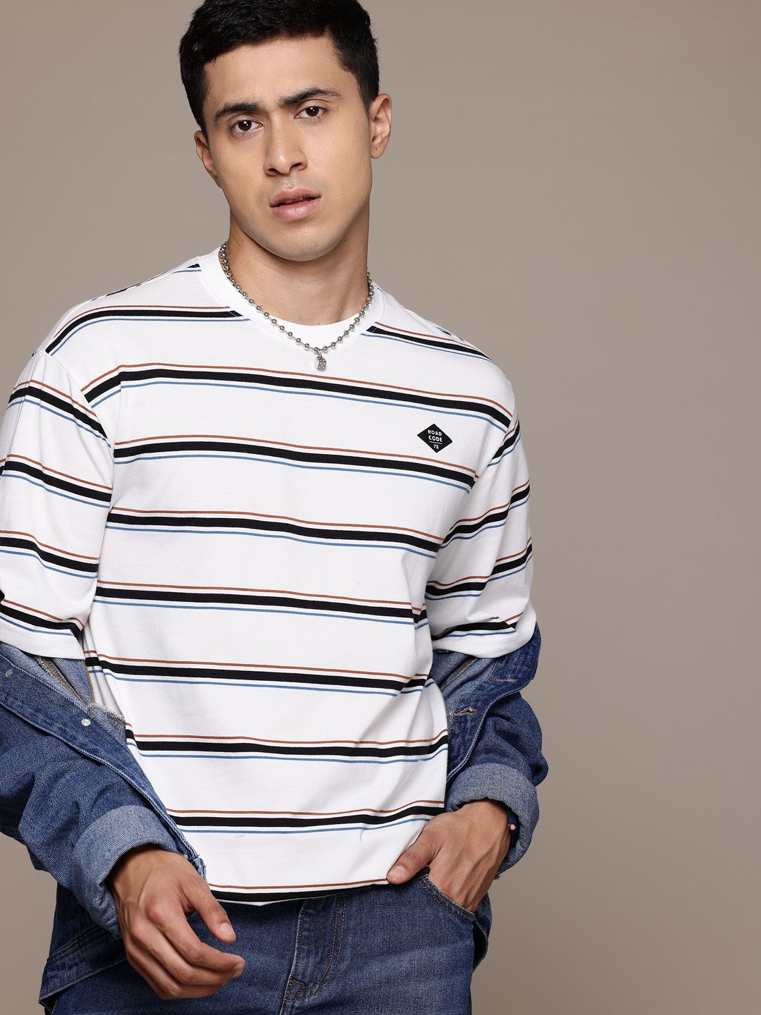 The Roadster Lifestyle Co. Men Striped Oversized T-shirt