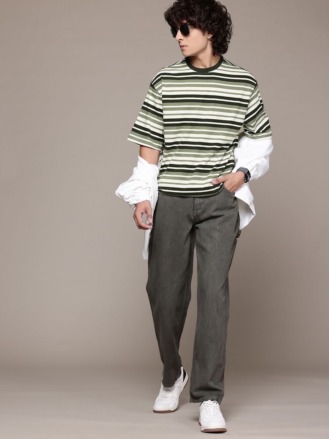 The Roadster Lifestyle Co. Striped Drop-Shoulder Relaxed Fit T-shirt