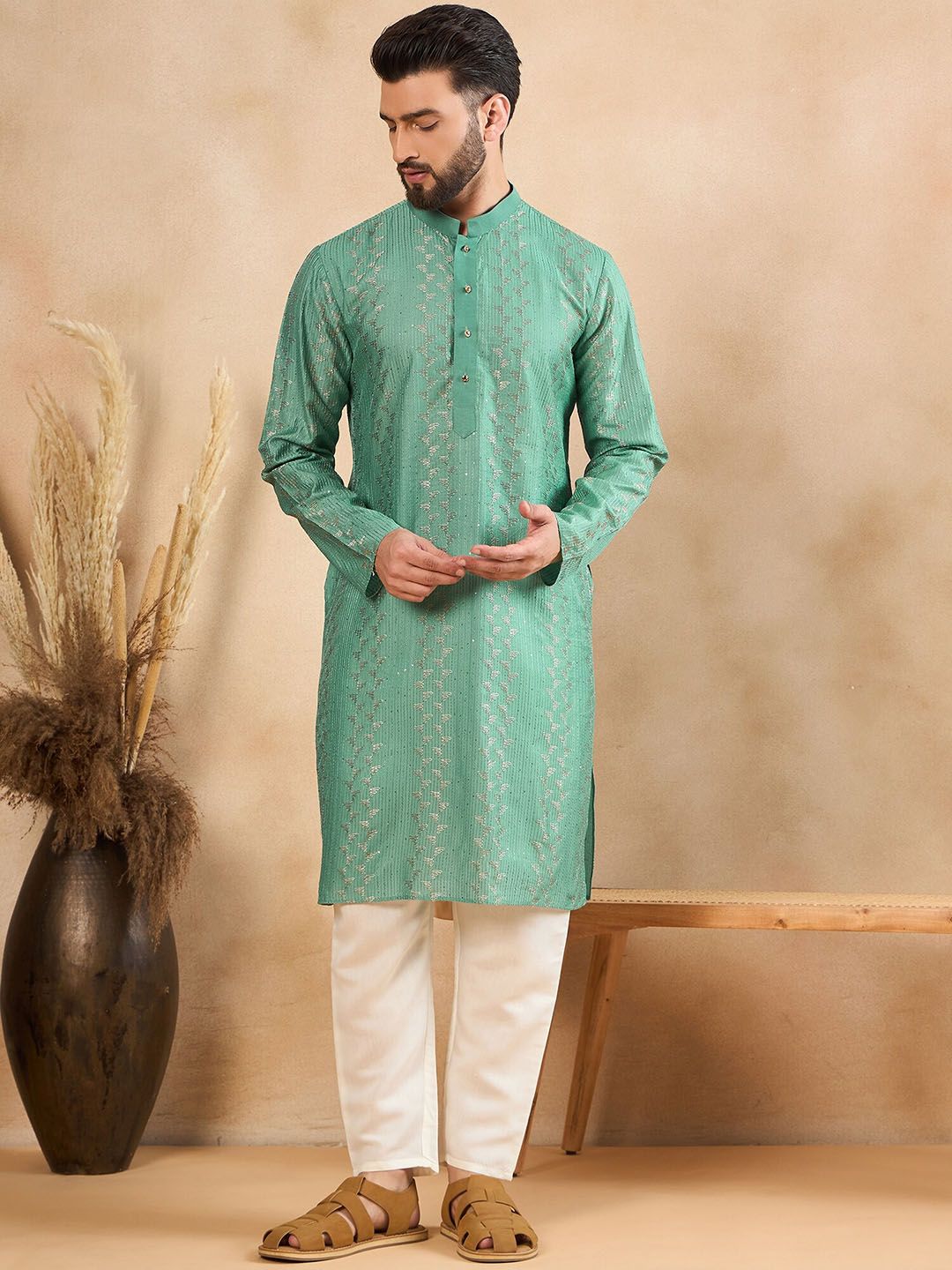 HERE&NOW Men Ethnic Motifs Thread Work Liva Kurta