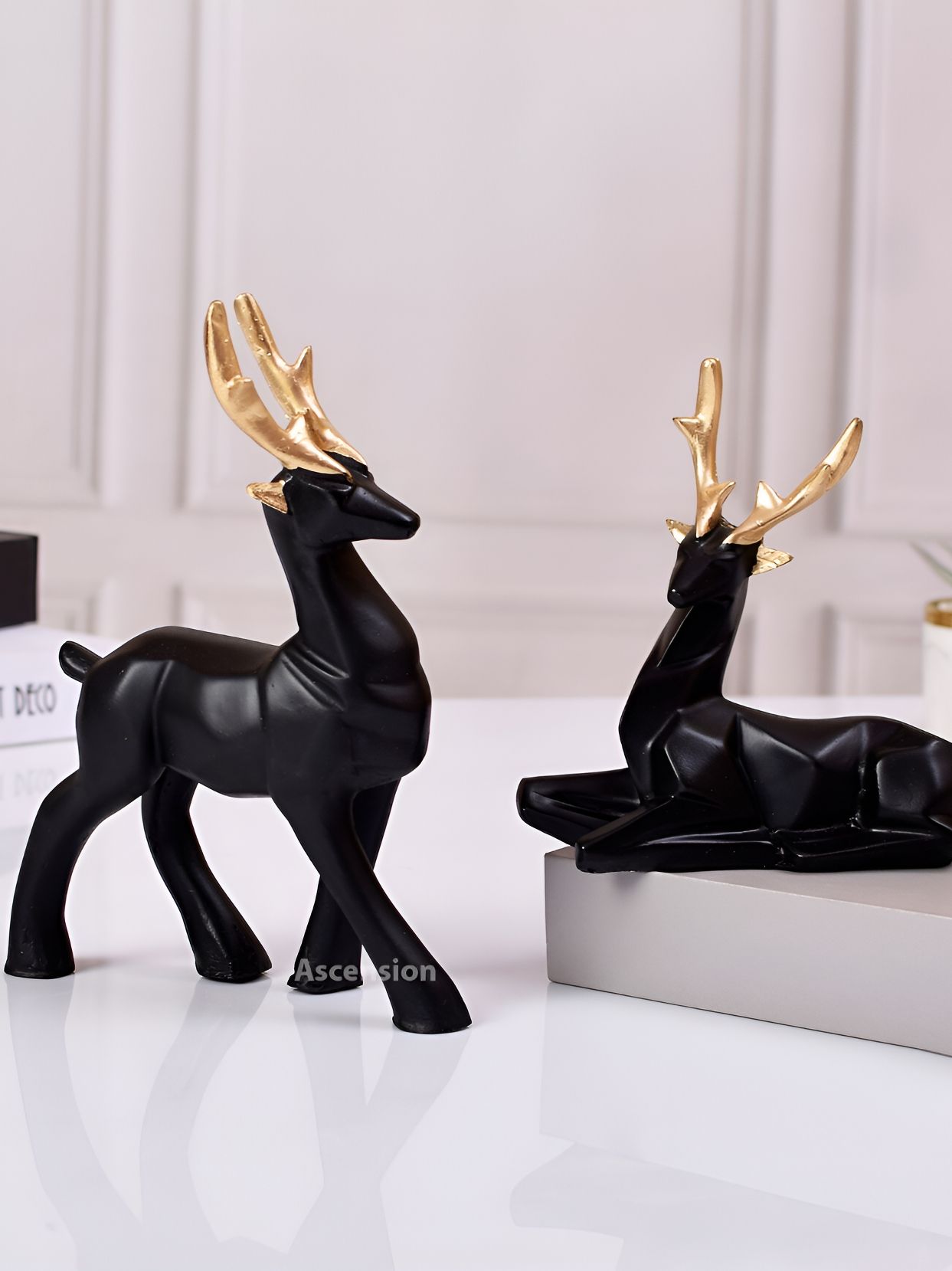 Ascension Reindeer Couple Black Polyresin Glossy Garden Set of 2 Medium Showpieces - 8.5 Inches