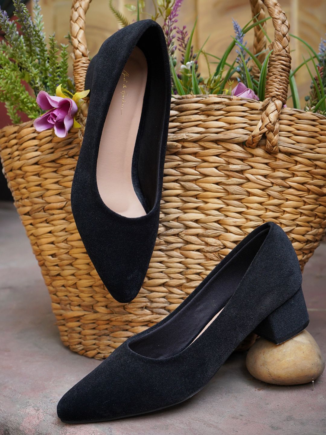 Mast & Harbour Black Pointed Toe Block Heeled Pumps