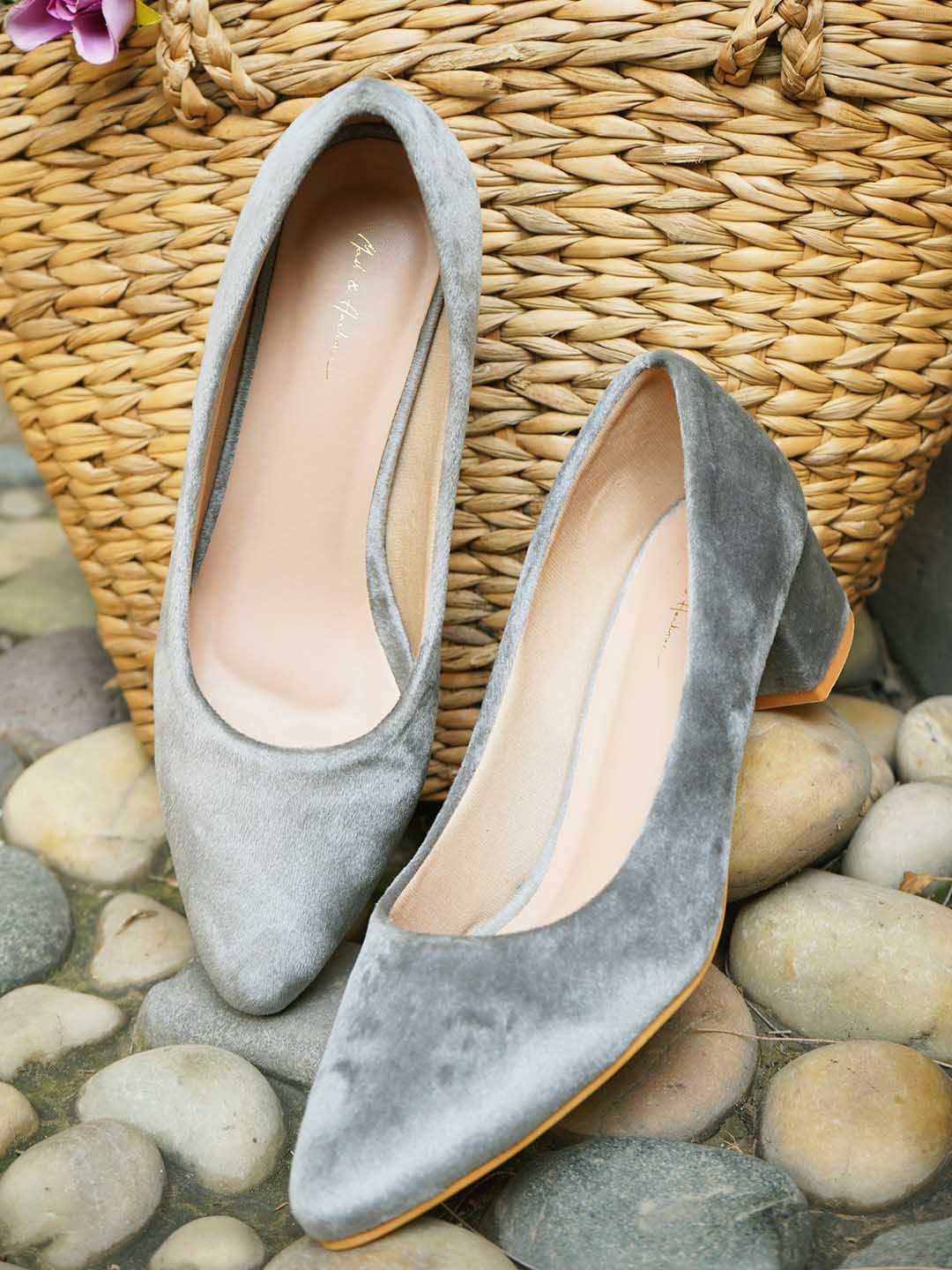 Mast & Harbour Grey Pointed Toe Block Heeled Pumps