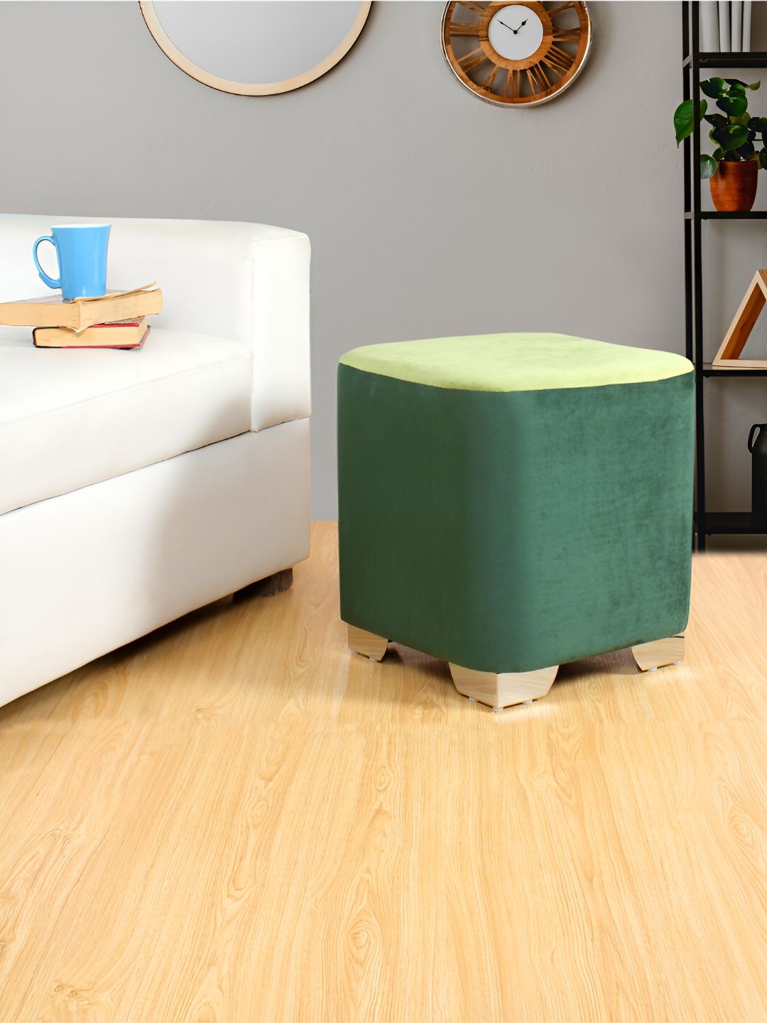 Shadowkart Green Wooden Pouffes Sitting Mudda Square Ottoman
