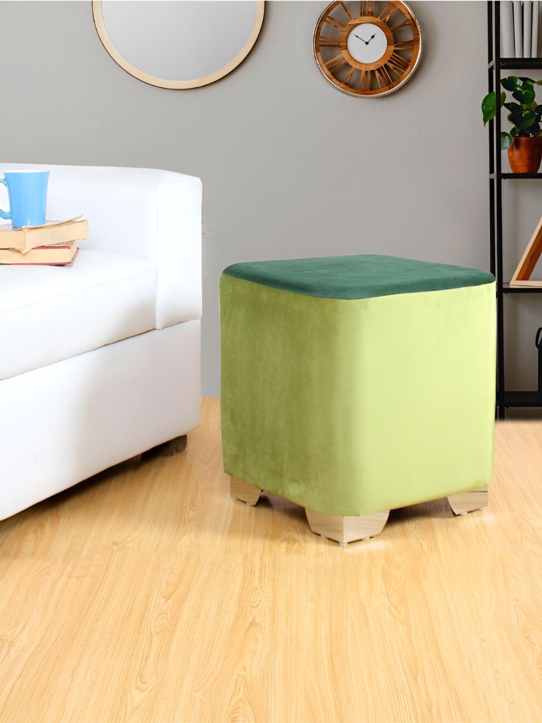 Shadowkart Green Wooden Pouffes Sitting Mudda Square Ottoman