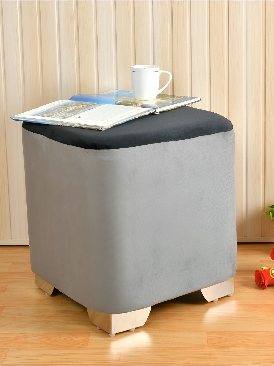 Shadowkart Grey & Black Wooden Pouffes Sitting Mudda Square Ottoman