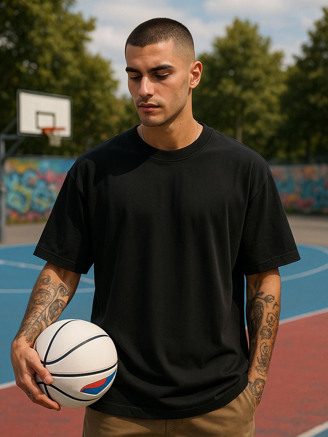 VEIRDO Men Black Solid Round Neck Relaxed Fit Pure Cotton Oversized T-shirt