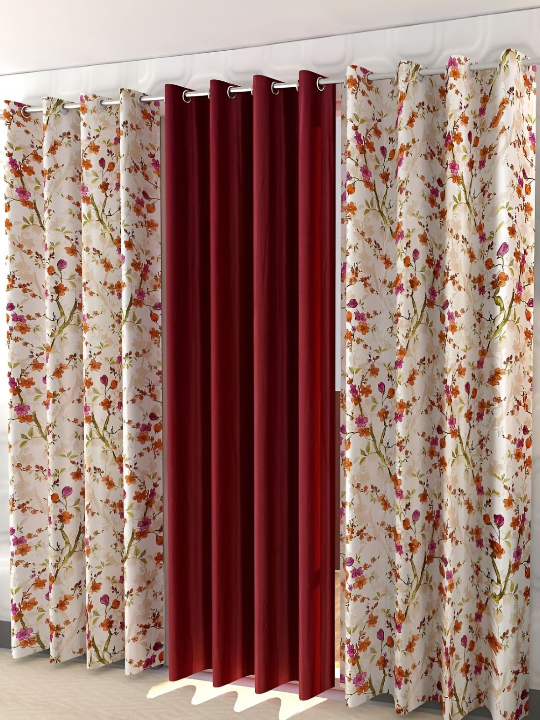 Shopgallery Maroon & White 3 Pieces Floral Room Darkening Window Curtains
