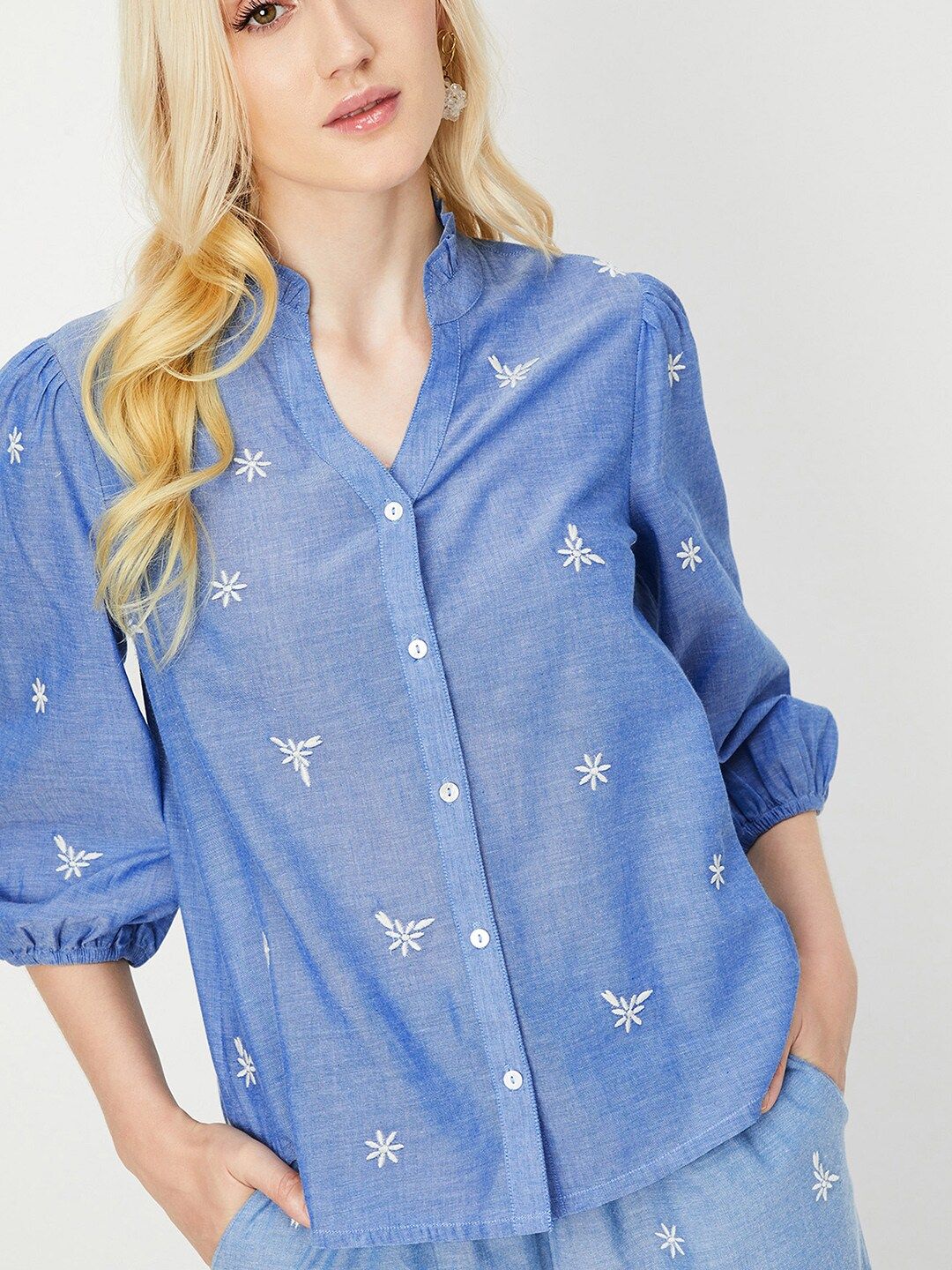 まら Buy max Floral Embroidered Mandarin Collar Pure Cotton Shirt Style