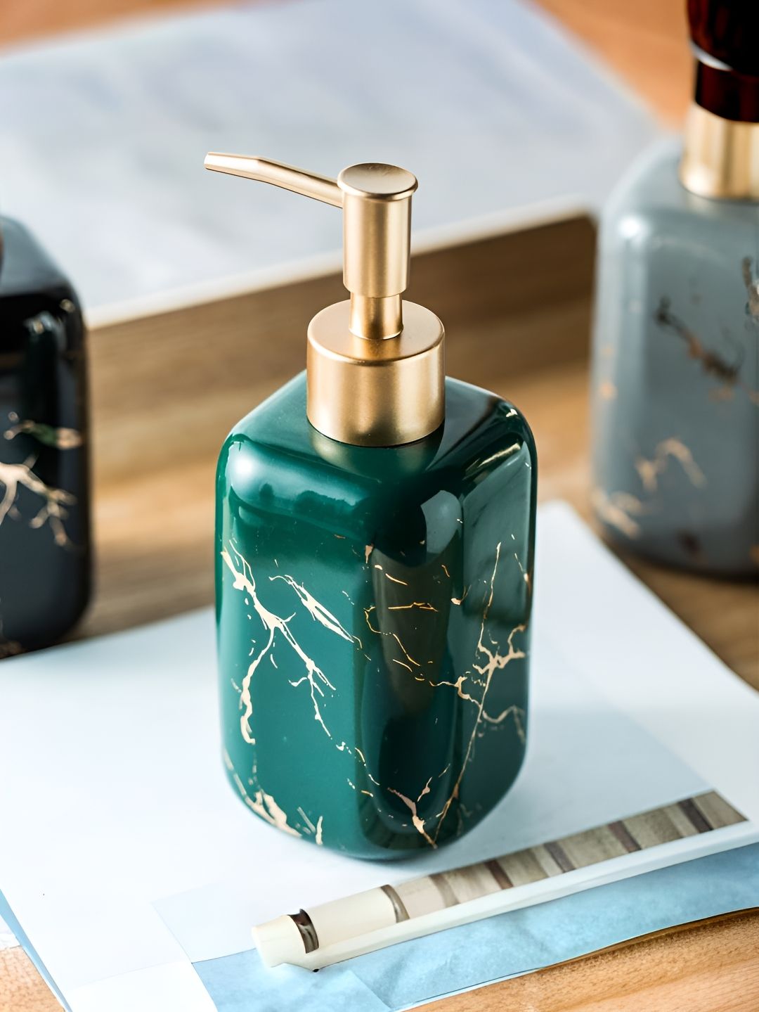 The Better Home Green Textured Glossy Soap Dispenser Bottle 300 ml