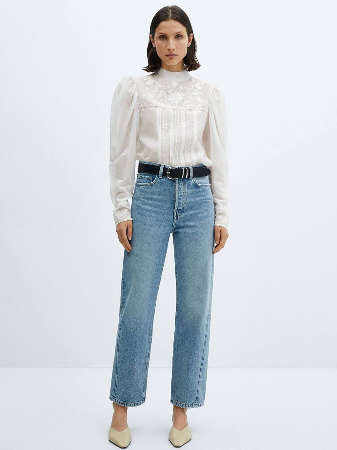 Embroidered Lace Inserts Pleated Top
