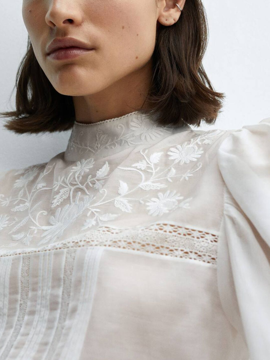 Embroidered Lace Inserts Pleated Top